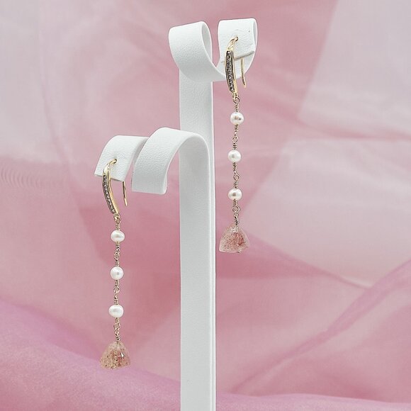 Pink Sunstone Small Pearl Dangle Earrings, Dainty Pearl Earrings - Picture 1 of 9
